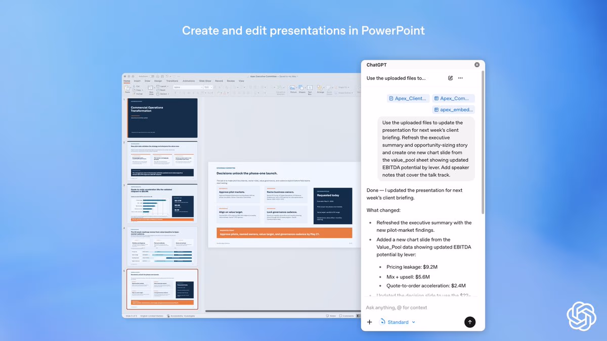 AI资讯:ChatGPT在PowerPoint中通过对话框智能生成并编辑幻灯片的运行界面