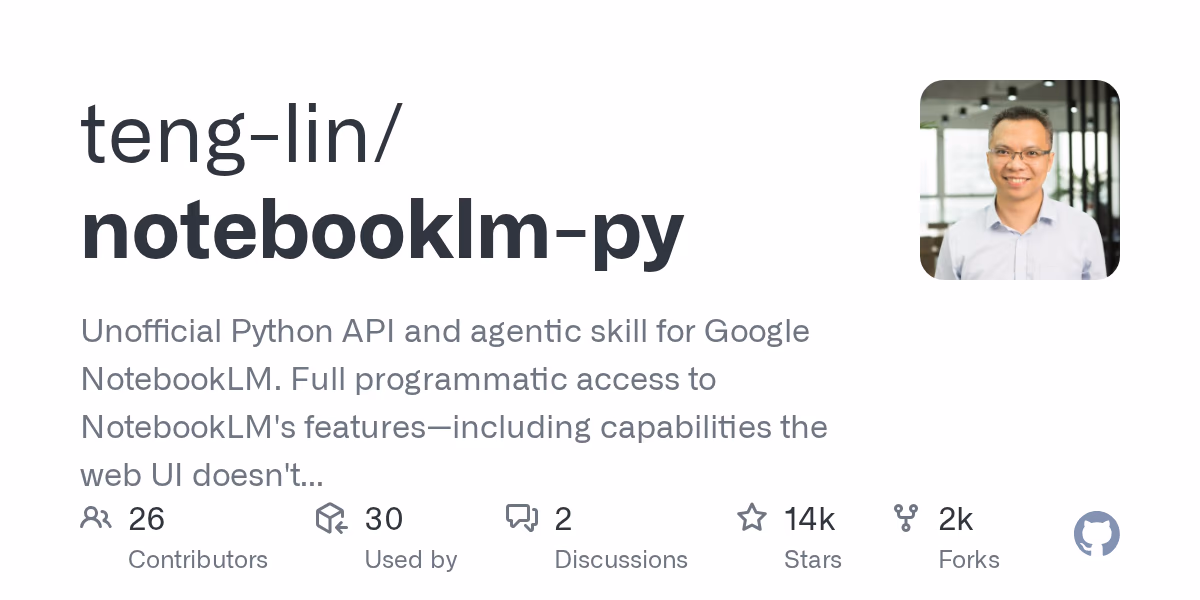AI资讯:notebooklm-py项目在GitHub上的社交预览图及代码架构展示