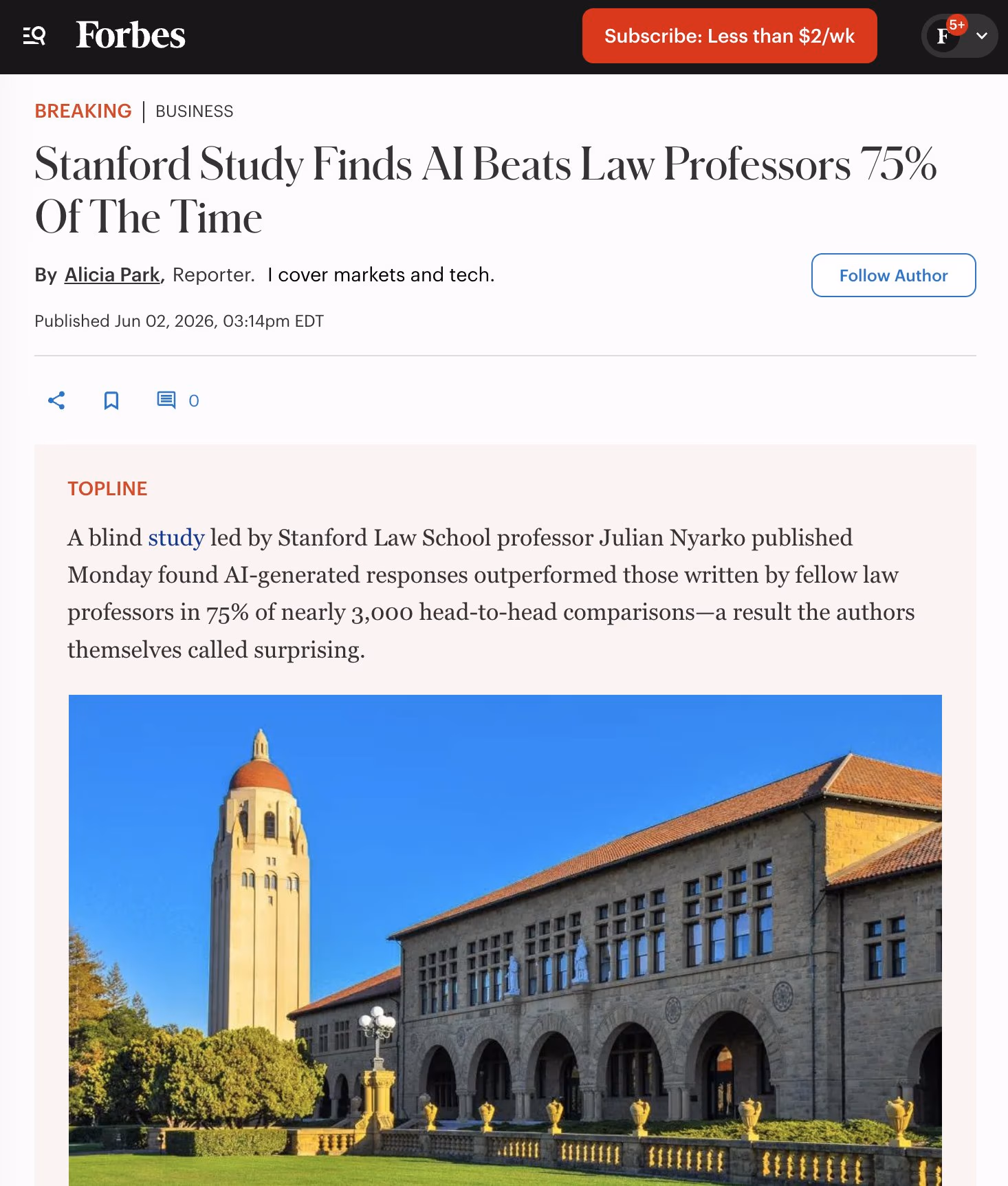 AI资讯：教授对比人工智能与法学生合同解答测试结果的图表