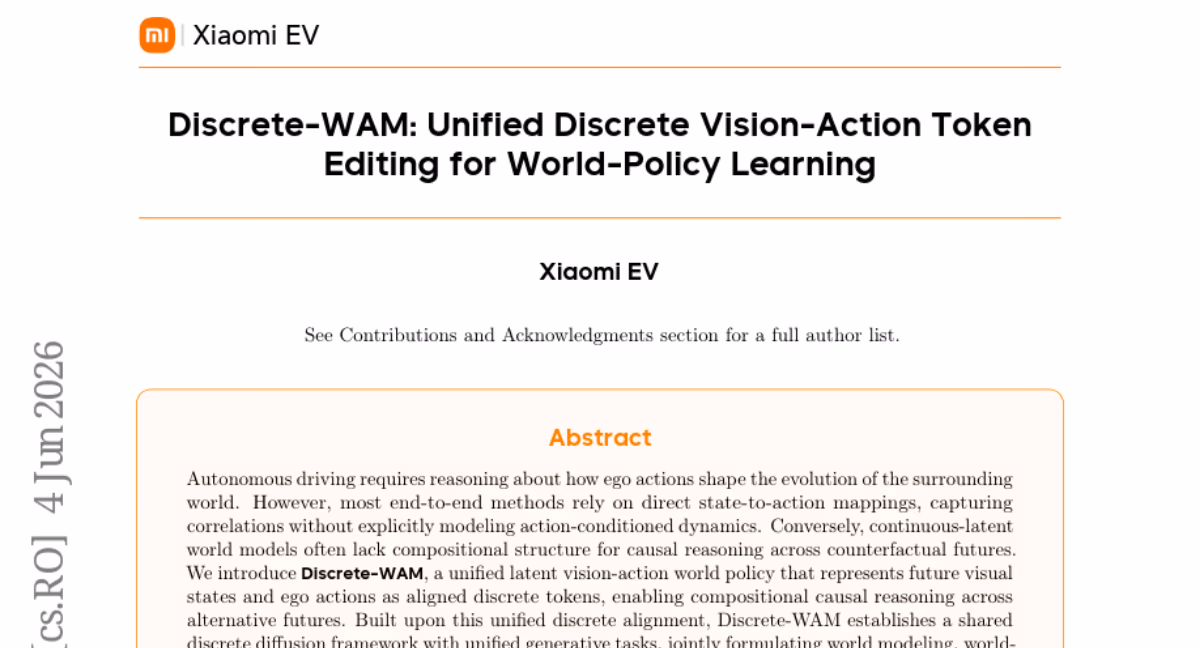 AI资讯：Discrete-WAM论文展示其自动驾驶世界模型架构