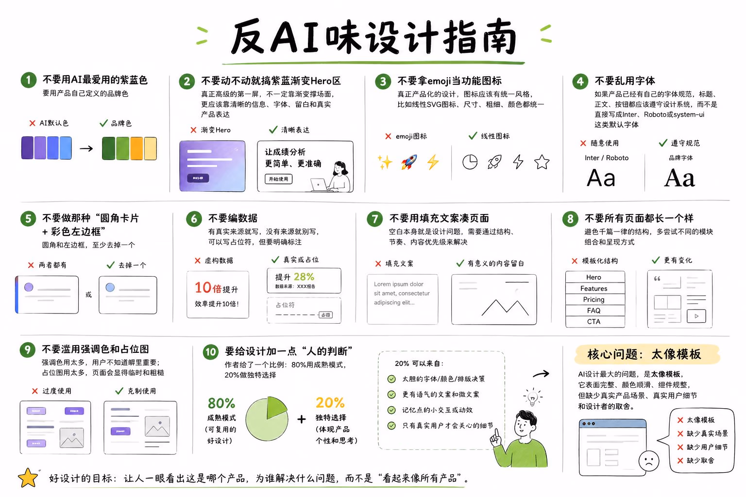 AI资讯：展示反AI味设计原则中拒绝使用默认渐变与标准组件的案例对比