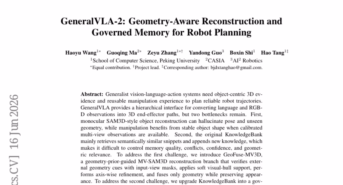 AI资讯:GeneralVLA-2多视角几何重建与机器人抓取任务中长效记忆管理的逻辑架构图