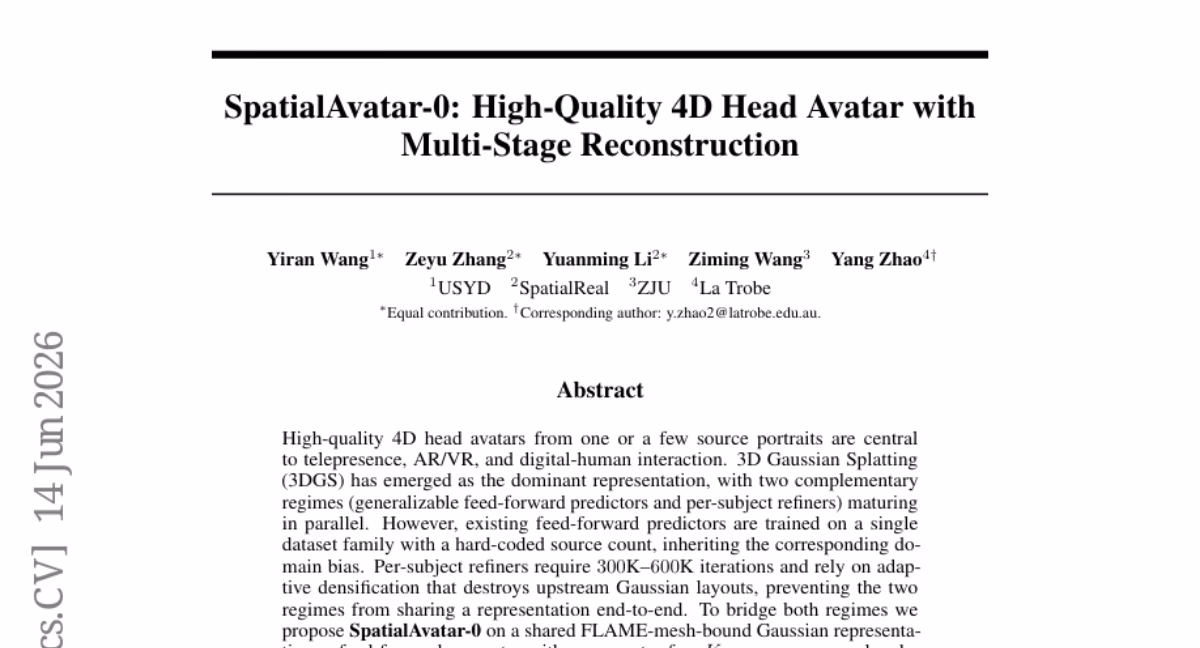 AI资讯:SpatialAvatar-0利用多阶段3D高斯渲染技术对少镜头面部图像进行4D重建的框架图