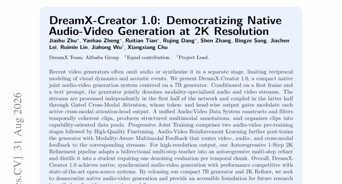 AI资讯:DreamX-Creator论文封面展示原生音视频生成模型